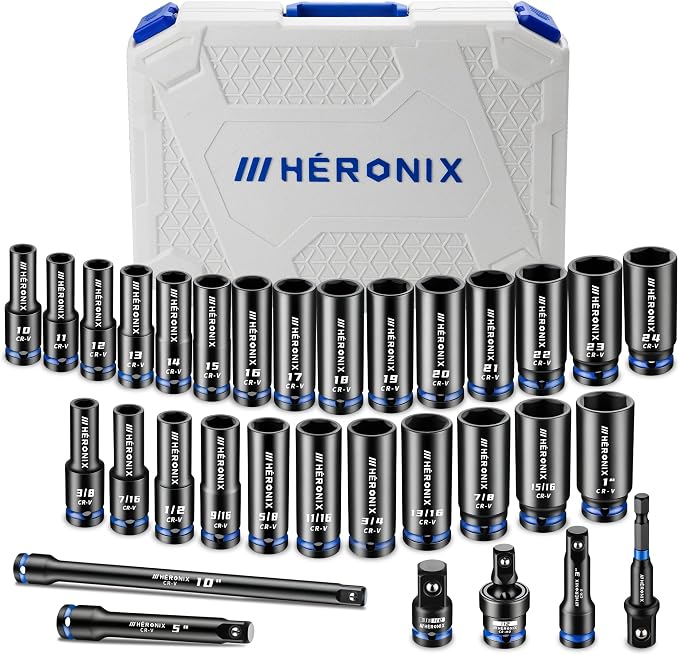 32-Piece 1/2" Drive Impact Socket Set with High-Vis Blue Rings & White Case, Deep SAE & Metric Sockets 10-24mm & 3/8"-1", Cr-V 6-Point Mechanic Tool Set with Extension Bars & Adapters