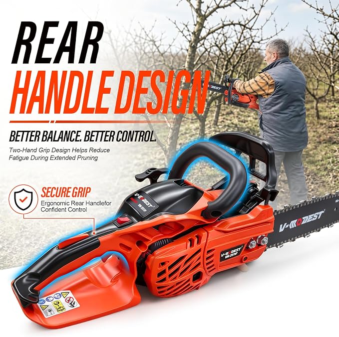 12 inch Gas Chainsaw, 25cc Lightweight Rear Handle Chainsaw | 2-stroke small gas chainsaw with auto oiler and side-access tensioner for tree pruning, branch trimming and yard cleanup