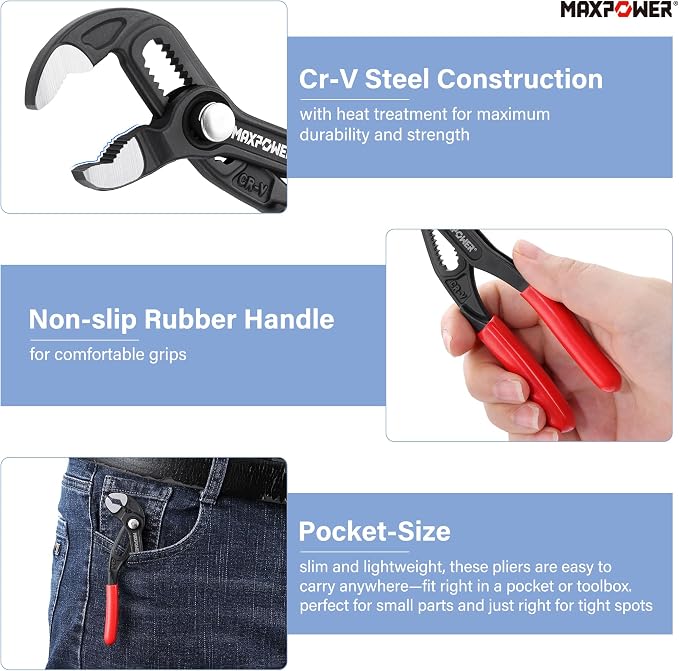 MAXPOWER 5-Inch Tongue-and-Groove Pliers, 0.98" Jaw Opens V Jaw Mini Pliers | Quick Release Push Button Adjustable Pliers, Serrated Teeth, Comfortable Grips