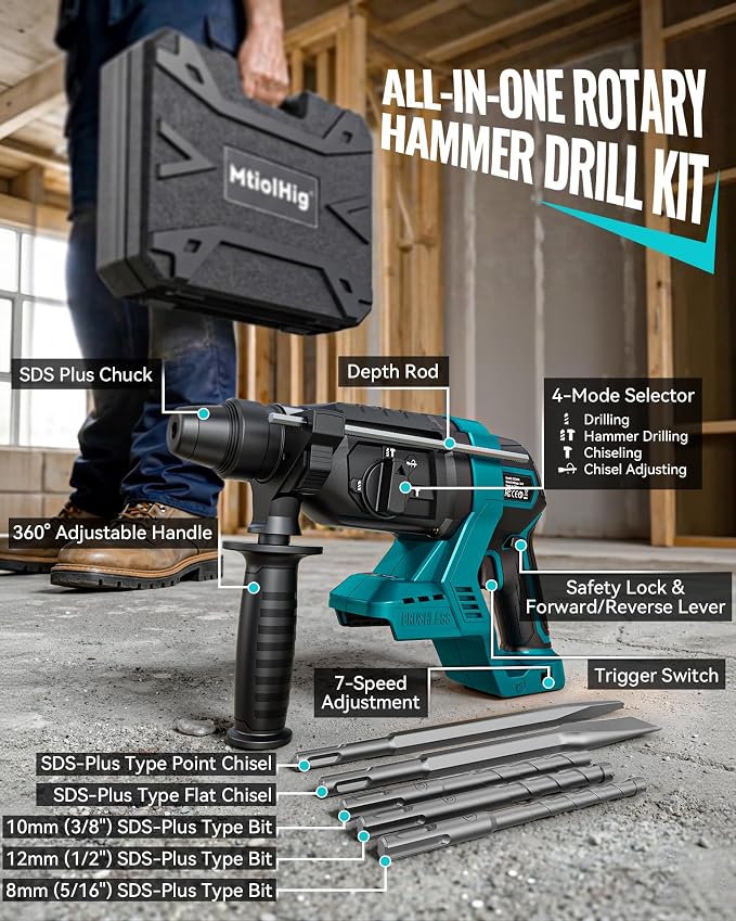 MtiolHig 1" SDS-Plus Cordless Rotary Hammer Drill Compatible with M-akita 18V Battery, 3J Impact Energy Brushless Motor, 7-Speed Variable 4-Mode with 5 Chisel/Bit Set for Concrete/Masonry, Tool Only