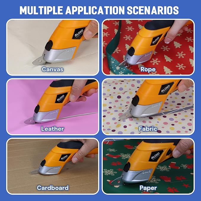 VLOXO Electric Scissors, Cordless Cardboard Cutter Power Fabric Scissors Mini Box Cutter with Blades Rechargeable Multi-Tool for Crafts Leather Cardboard Carpet Plastic Include Case Yellow CS4001