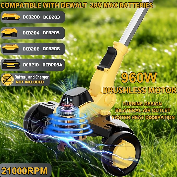 Electric Weed Wacker Eater Cordless Brush Cutter Battery Powered Weed Trimmer with Wheels 4 in 1 Brushless GrassTrimmer/Lawn Edge Compatible with Dewalt 20V Battery(Battery Not Included)