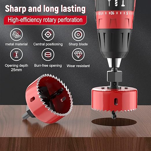 12-Piece Hole Saw Kit, Includes 8 Sizes (3/4" to 2-1/2"), Arbors, Drill Bits, and Hex Key, Ideal for Softwood, Plywood, and PVC(RED)