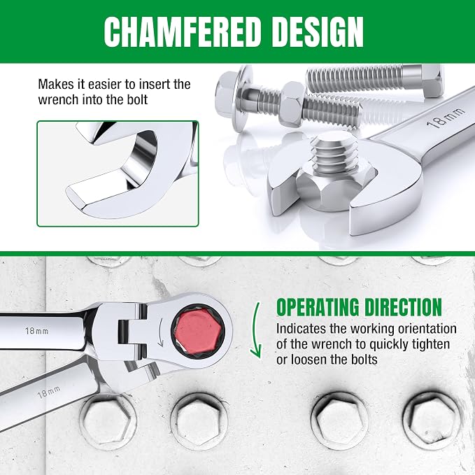 SK Flex Head Ratcheting Wrench Set, Metric 8-25mm, 16-Piece, 72-Tooth | Ratchet Wrenches Set 72-Tooth, Combination Wrench Set, Chamfered Head Design, Premium CR-V Steel, Roll-Up Pouch