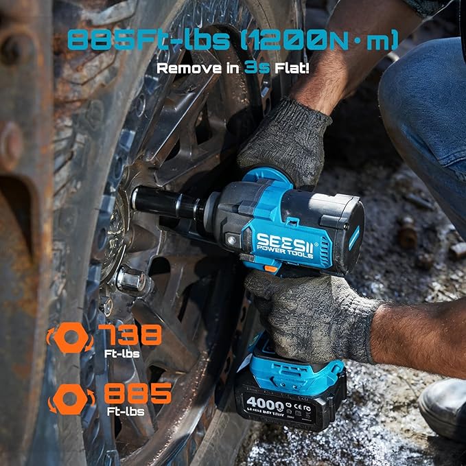 Seesii Upgraded Cordless Impact Wrench 885Ft-lbs (1200N·m): 1/2" Impact Gun with Detachable Side Handle, 21V High Torque Power Impact Driver 2x 4.0Ah Batteries for Family Car/Pickup Truck/Mower
