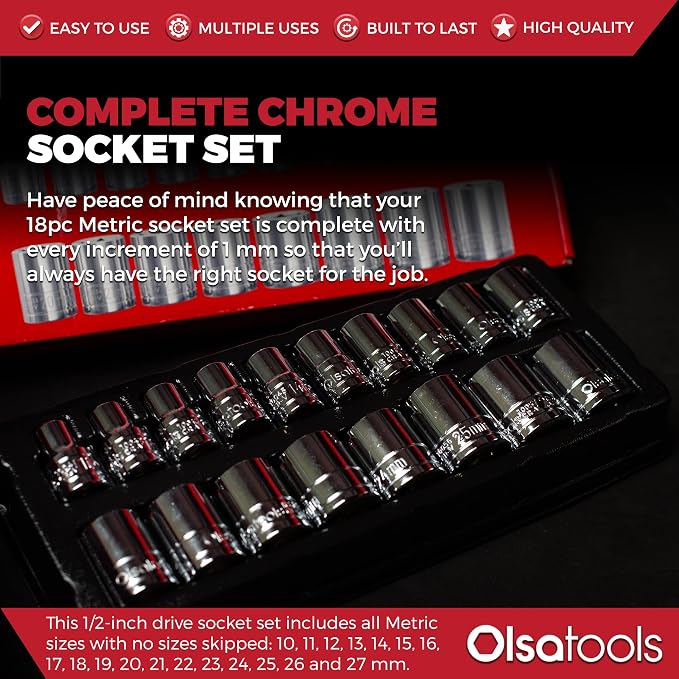 Olsa Tools 1/2-Inch Drive SAE Deep Socket Set - 18pc | 6-Point Chrome Vanadium Sockets, 10mm-27mm, No Skipped Sizes - Professional-Grade SAE Socket Sets - Part: 1326
