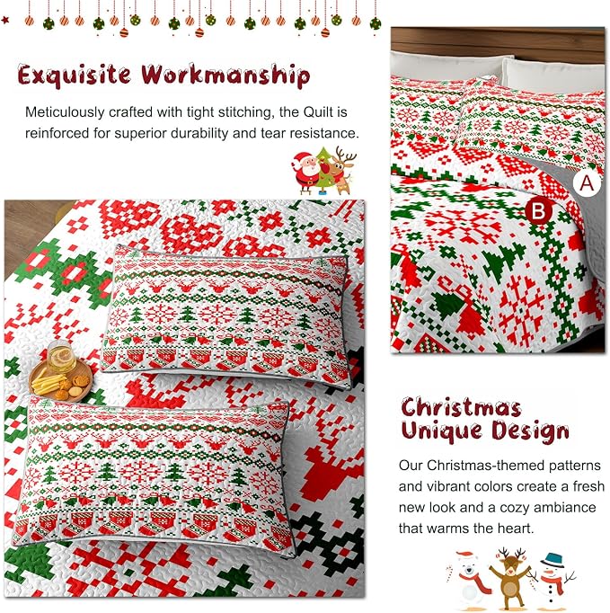 Merry Christmas Boho Red Quilt Set King- Socks Deer Snowflakes Christmas Bell Printed Holiday Bedding Set - Soft Microfiber Lightweight Comforter Coverlet Bedspread(Socks, King(90"x104"))