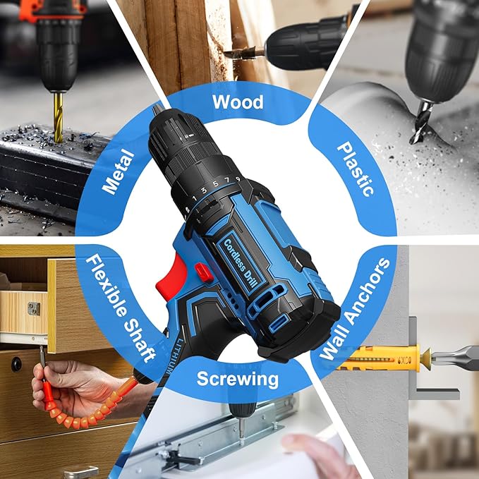 Cordless Drill Set, VIWKO 20V Power Drill with Power Pack 2.0Ah and Charger, 3/8-Inch Keyless Chuck Electricdrill, 25+1 Torque, 42pcs Drilldriver Bits/Screws for DIY Projects (Blue)
