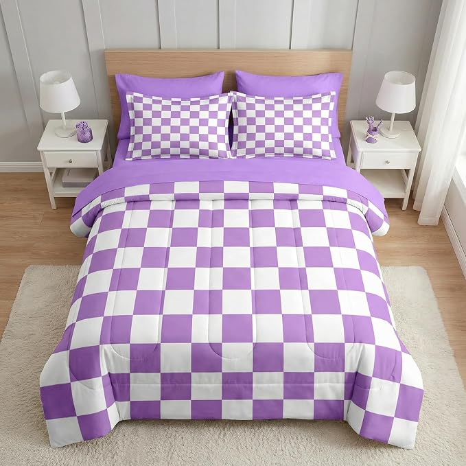 Nesker Comforter Set Queen Size, Purple Plaid Gingham 7 Pcs Bedding for Kids and Adults, Checkerboard Grid Bed Sheet Sets with Fitted Sheet 2 Pillowcases & 2 Shams