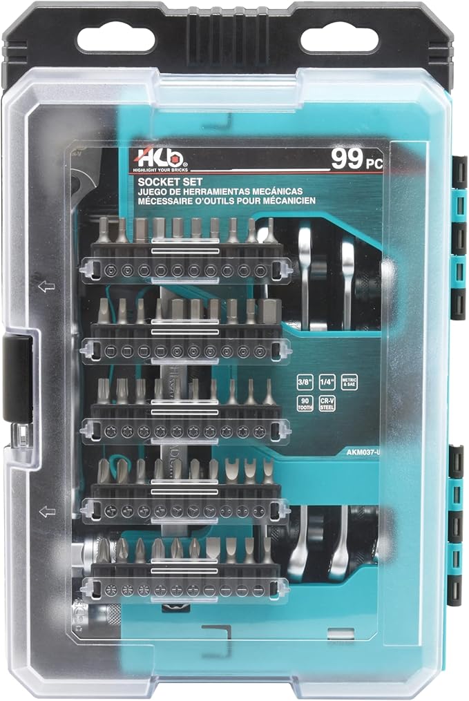 HB 99-Piece Socket Set AKM037-U, 90-Tooth Ratchet 3/8" Drive, Metric SAE 1/4" Sockets, Phillips Pozi Slotted Hex Star Square Tri-Wing Torq Bits, Extendable Compact Case, Made in Taiwan