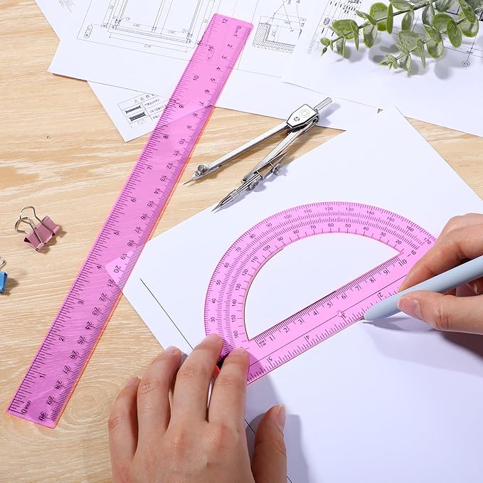 Zonon 3 Pcs Plastic Ruler 6 Inch Protractor Drawing Compass Set, Student Geometry Math Transparent Measuring Tools for Home School Classroom Office Supplies(12 Inch,Pink)