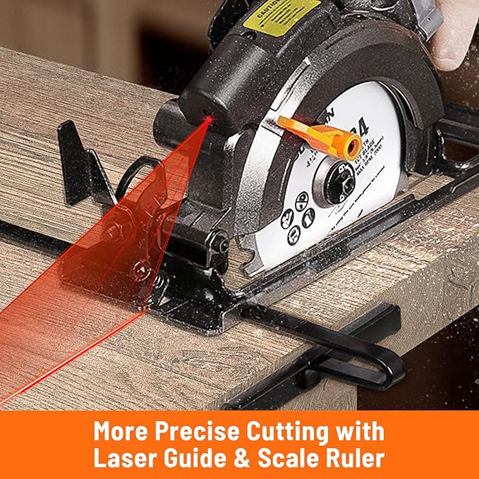DOVAMAN Circular Saw, 5.8A 4-1/2" Circular Saw w/Laser, Metal Auxiliary Handle, 6 Blades (4½", 4¾"), Cutting Depth 1-11/16" (90°), 1-3/8" (45°), Ideal for Wood, Soft Metal, Plastic, Tile - MCS01A