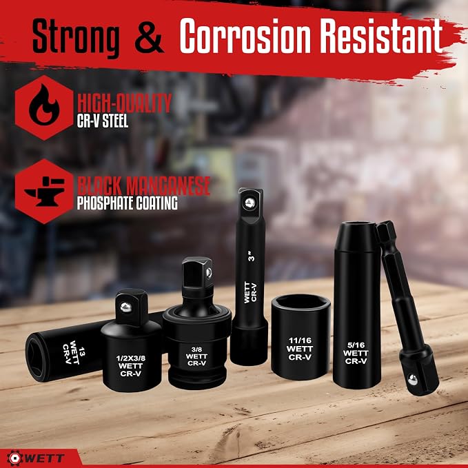 WETT 50Pcs 3/8" Drive Impact Socket Set, SAE/Metric, Deep/Shallow Sockets, with Adjustable Ratchet Handle, Extension Bar, Universal Joint, Adapter & Reducer, Cr-V Steel,(5/16"-3/4", 8-22mm)