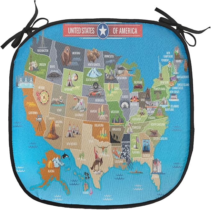 Lunarable Americana Chair Cushion Pads Set of 8, Map of USA Cowboy Corn Field Lobster Farming and Agriculture Art, Anti-Slip Seat Padding for Kitchen & Patio, 16"x16", Blue Multicolor