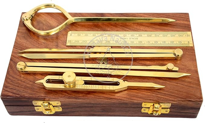 Humaira Nautical Proportional Divider Set of 5, Full Brass dividers with Executive Wooden Box, Single Handed 8" Brass Navigational Dividers Compass Set for Maritime, Naval, Geometry and Drafting