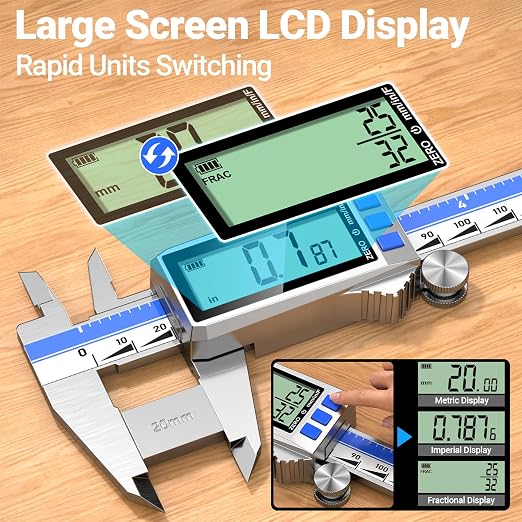 Preciva Digital Caliper 8 Inch, Rechargeable Stainless Steel Vernier Caliper with Large Display, Auto Off, Precision Inch/mm/Fraction Measuring Tool for DIY/Household/Woodworking
