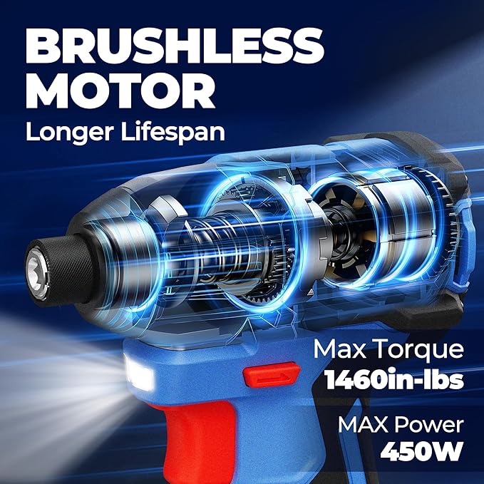 Dong Cheng 20V 1/4" Brushless Impact Driver, 1460 in-lbs Cordless Impact Driver, 2x 2.0Ah Batteries, 3-Speed, 4.9" Compact Impact Driver for Cabinetry, Deck Building & HVAC Installation
