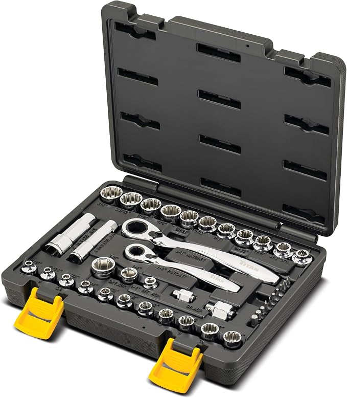 Titan 17441 1/4-Inch & 3/8-Inch Drive 41-Piece ExoDrive Pass-Through Ratchet and Socket Set, Pass-Thru Mechanics Tool Set