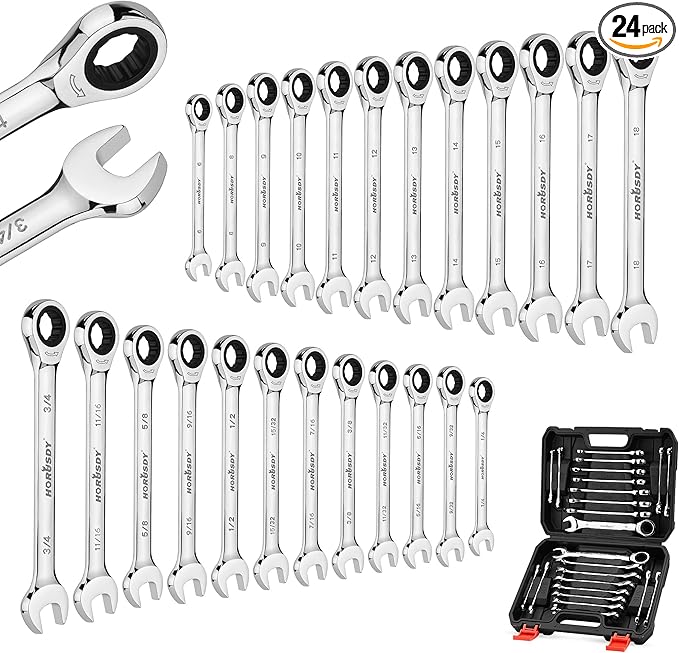 HORUSDY 24-Piece Ratcheting Wrench Set | Metric and SAE | Ratchet Combination Wrenches Set with Organizer | 72-Tooth | Chrome Vanadium Steel | 6-18 mm & 1/4” to 3/4“ (24-Piece)