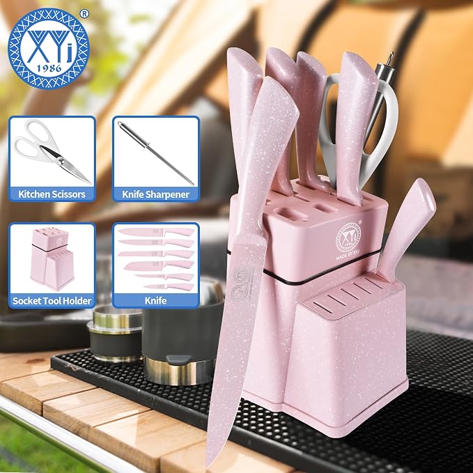XYJ Knife Block Set, Pink Color, Stainless Steel Kitchen Knives With Knife Block Holder, Meat Cleaver, Professional Cooking Slicing Knife Kit for Master Chef, Kitchen Cutlery