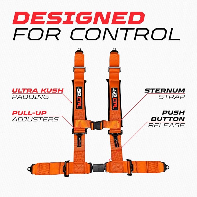 1pc 50 Cal Orange 4 Point Harness 2in Straps, Racing Harness Seat Belt | Ultra Kush padding, Push Button quick release hardware. Universal Fit for UTV, RZR, race car.