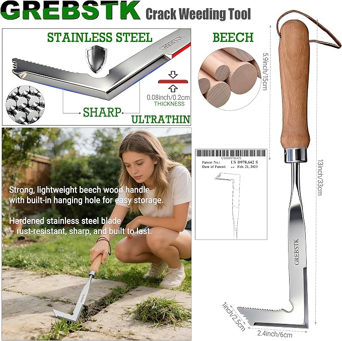 GREBSTK Crack Weeder Crevice Weeding Tool Stainless Steel Manual Weeder Beech Handle Gardening Tool