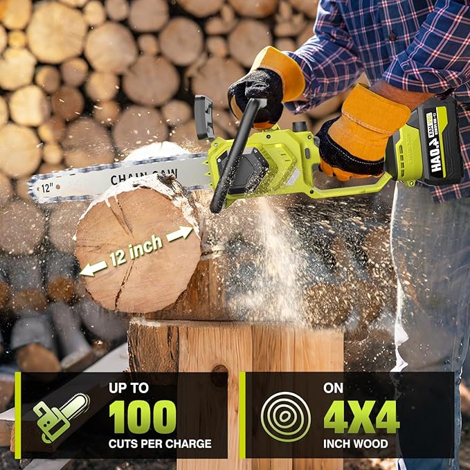 SEYVUM Brushless 12 Inch Chainsaw Cordless, 20V Battery Chainsaw with 2 x 4.0Ah Batteries, 2 x Chains, Electric Chainsaws with Tool-Free Chain Tension, Auto Oiling for Wood Cutting Trimming Branch