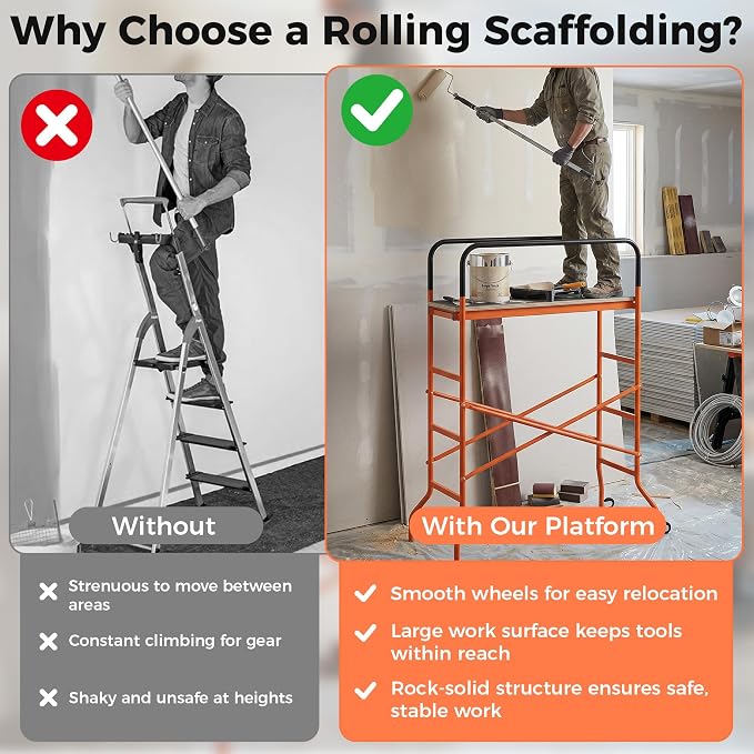 HOMCOM 4-Step Steel 4.6 x 2 x 6 ft. Scaffold 2 Wheels Free Moving for Indoor & Outdoor Decoration Anti-Skid, 440 Pound Capacity, Orange