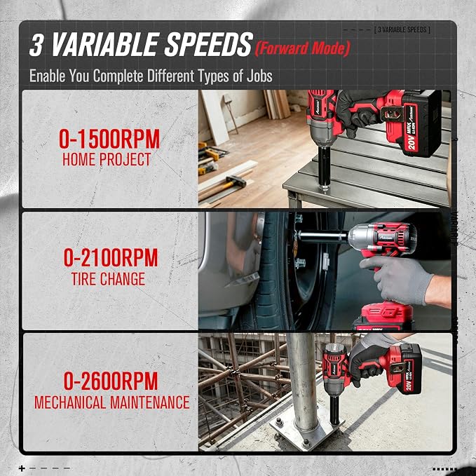 AVID POWER 1/2 Impact Wrench Brushless, 20V Cordless Impact Gun w/ 3 Variable Speeds, Max Torque 370ft-lbs (500N.m), 3.0Ah Li-ion Battery, 4Pcs Impact Sockets, Fast Charger