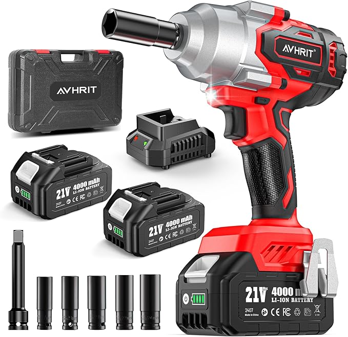 Avrhit 1300N.m(960ft-lbs) Cordless Impact Wrench, Electric Impact Gun 1/2 Inch, 2200RPM Power, 2x 4.0Ah Batteries, High Torque Impact Driver for Car/Truck RV/Mower