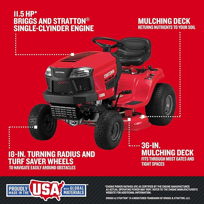 CRAFTSMAN 36" Gas Riding Lawn Mower with 11.5 HP* Briggs and Stratton Single-Cylinder Engine, Gas Lawn Tractor with 7-Speed Transmission, Red/Black (13AC77XYA93)
