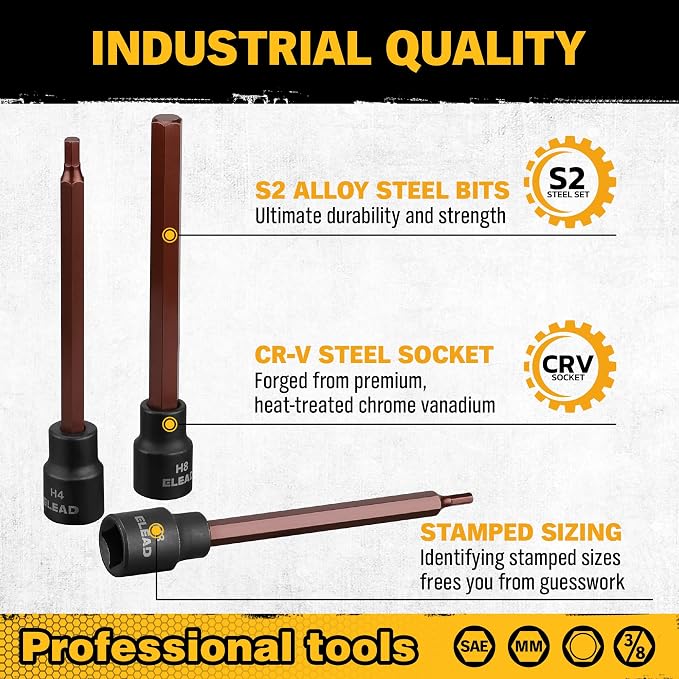 Extra-Long Allen Hex Bit Socket Set: 20-Piece 3/8 Inch Drive, 110mm S2 Steel, Standard SAE & Metric (1/8-Inch - 7/16-Inch, 3-12mm) for Impact Drills and Ratchet Wrenches