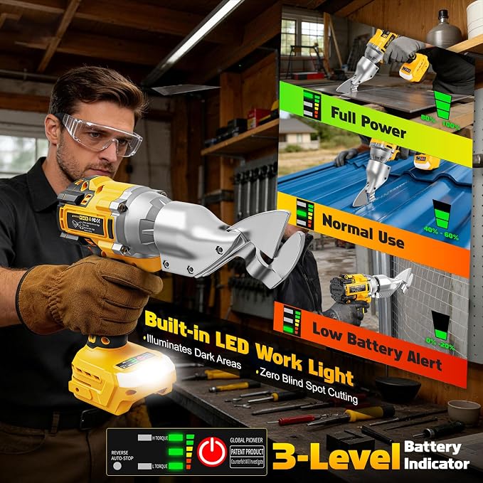 Cordless Metal Shear Compatible for DEWALT 20V 60V, Brushless Electric Metal Shears 1600RPM for HVAC Ducts, Auto Body Panels &Fencing,Stainless Steel Cutter with LED Light (Tool Only