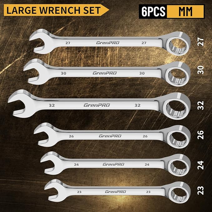 GRENPRO 7PC Metric Large Wrench Set, 23-32MM Combination Open End Wrenches | Includes 23mm 24mm 26mm 27mm 30mm 32mm Long Wrenches Sets, 15° Offset 12-Point Box End, Roll-Up Pouch & Gauge, CR-V Steel