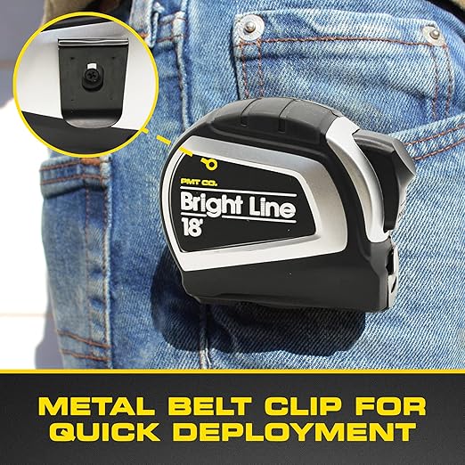 Perfect Measuring Tape - BrightLine High Contrast Dark Mode Easy Read Tape Measure for Low Light Visibility - Heavy Duty Rubber Case 18ft (Inch Fractions) Dual Sided Auto Lock Tape Measure Retractable