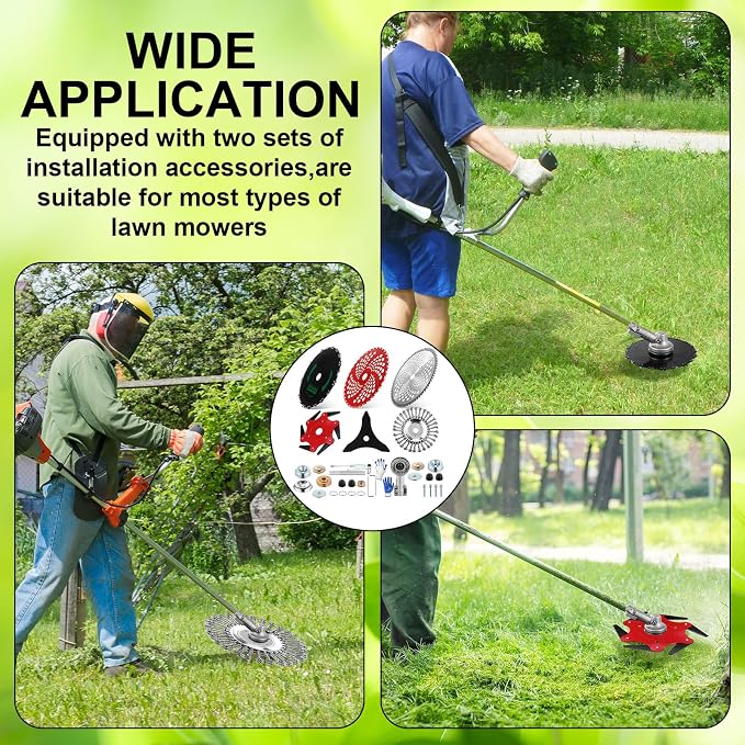 Duraaamo 7 Pcs Brush Cutter Kit Include 9" x 36T Carbide Tipped Blades, 9" x 20T, 10" x 3T and 10" x 80T Blades with Adapter Kit, 8 Inch Steel Wire Rotary Head and Trimmer Head Replacement