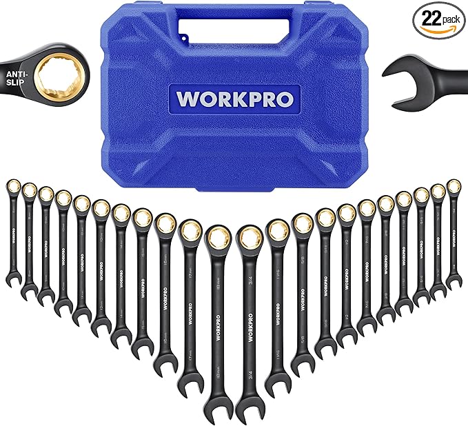 WORKPRO 22-Piece Ratcheting Wrench Set, Anti-slip Teeth, Ratchet Combination Wrench Sets with Organizer Box, Metric 6-18mm & SAE 1/4-3/4", Black Electrophoretic Coating