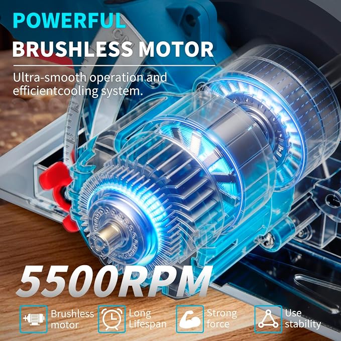 AwxryoX 6-1/2" Cordless Circular Saw,Brushless Sierra Circular with 2 x 6.0Ah Battery & 3 Blade,Electric Hand Circle Saw 0-45° Cutting Bevel,Max Cut Depth 2-1/4"(90°),1-7/16" (45°) for Wood Metal PVC