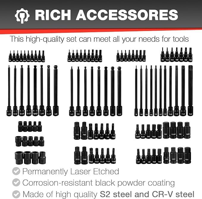 EACELIY 107PCS Bit Socket Set,1/4”,3/8 & 1/2” Drive Bit Socket Set,Torx/Extra Long/Tamper Proof/Hex/Ball End Hex,S2 Alloy Steel & CR-V,SAE&Metric