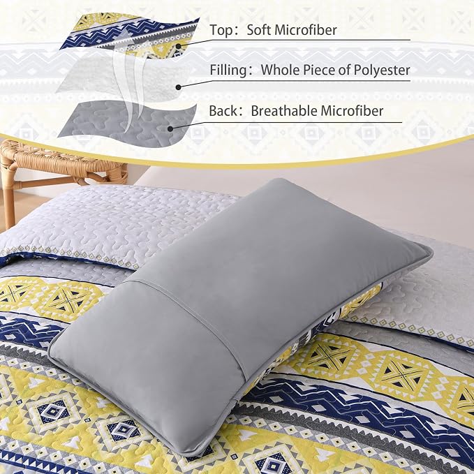 WONGS BEDDING 3 Pieces Quilt Set King Size, Grey Yellow Quilt Bedspread Lightweight Bohemian Coverlet Set with 2 Pillowcase, Soft Geometry Printed Bedding Set King for All Season 104"×90"