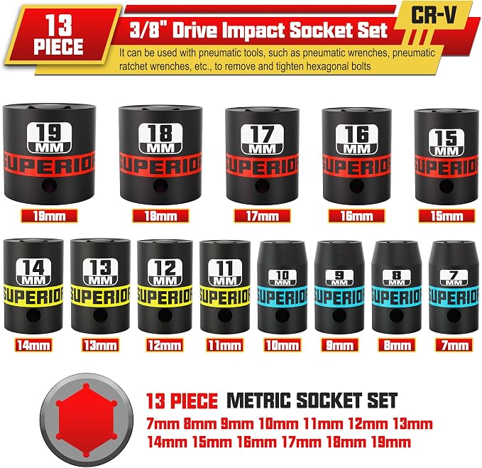 13 Piece 3/8" Drive Impact Socket Set, 7 mm-19 mm Shallow Socket, Metric, 6 Point, CR-V, Automotive Motorcycle and Bicycle Maintenance, Machinery Manufacturing