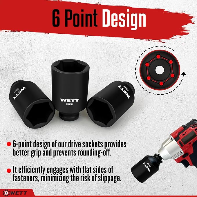 WETT 1/2" Drive Deep Large Impact Socket Set, 9-Piece Spindle Axle Nut Metric 6 Point Sockets Set, CR-V, 29mm-38mm