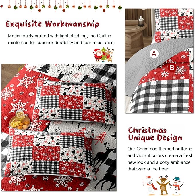 Merry Christmas Patchwork Quilt Set King - Deer Tree Red Snowflakes Checkered Printed Holiday Bedding Set - Soft Microfiber Lightweight Comforter Coverlet Bedspread(Deer Checkered, King(90"x104"))