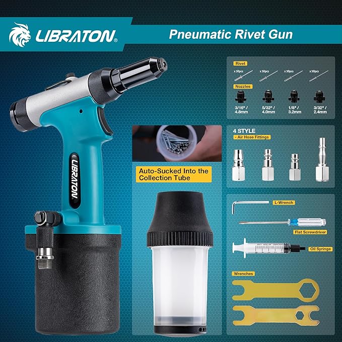 LIBRATON Pneumatic Rivet Gun Kit, Heavy Duty Air Riveter Tool 3/32", 1/8", 5/32", 3/16" with 200 Rivets, Air Hydraulic Pop Rivet Gun for Automotive Repair, Self-Suction Design