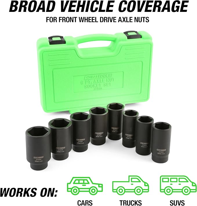 OEMTOOLS 8 Piece 6 Point 1/2 Inch Drive Axle Nut Socket Set with Case | 1/2" Drive Impact Set 29mm-39mm, Cr-Mo Steel Metric Socket Set, Precision-Machined Deep Impact Sockets, Black Oxide Finish