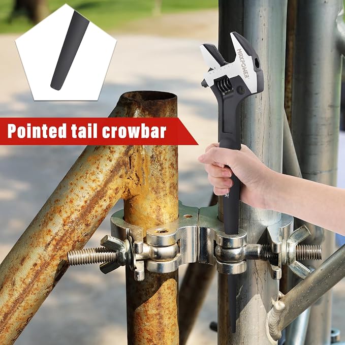 MAXPOWER 16-inch Adjustable Construction Spud Wrench, 4 in 1 Multifunctional Use for Adjustable Wrench and Hammer, Max Jaw Capacity up to 1.57"