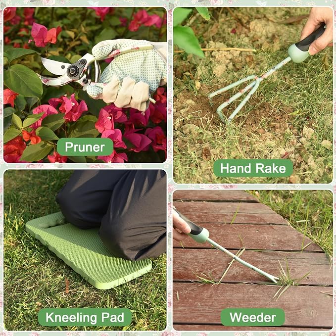 Gardening Tools, WisaKey 10 Piece Heavy Duty Garden Tools Set with Handle, Durable Fashion Garden Organizer Handbag, Ideal Gardening White Elephant Gifts Gift for Woman Mothers