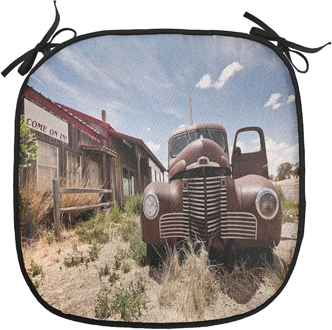 Lunarable Americana Chair Cushion Pads Set of 4, Abandoned Restaraunt on Route 66 Come on in Sign Desert Road Rusty Old Car, Anti-Slip Seat Padding for Kitchen & Patio, 16"x16", Brown Multicolor