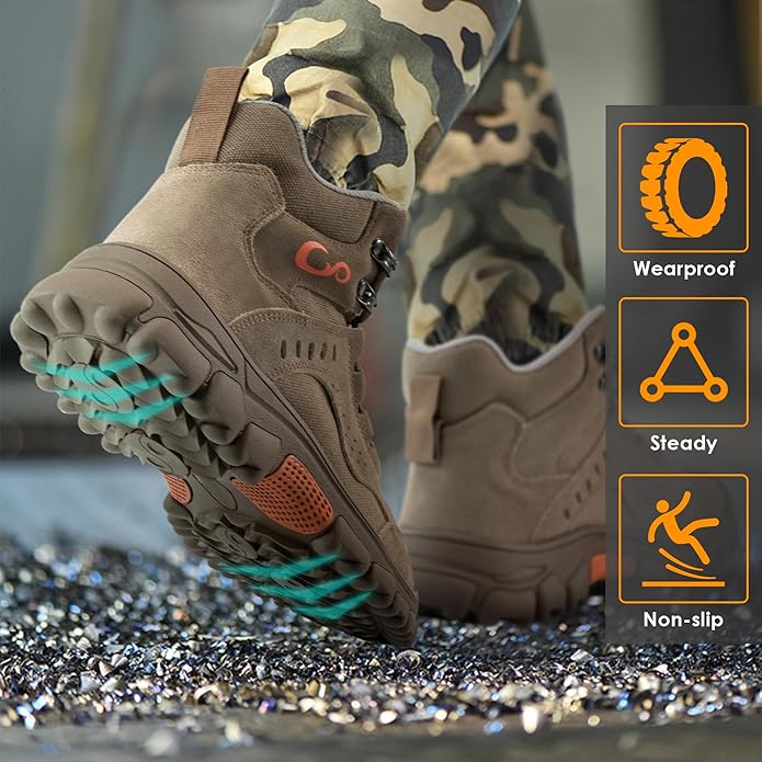 Ablanczoom Work Boots for Men Steel Toe - Construction Footwear Slip Resistant Comfortable Breathable Durable Safety Boot