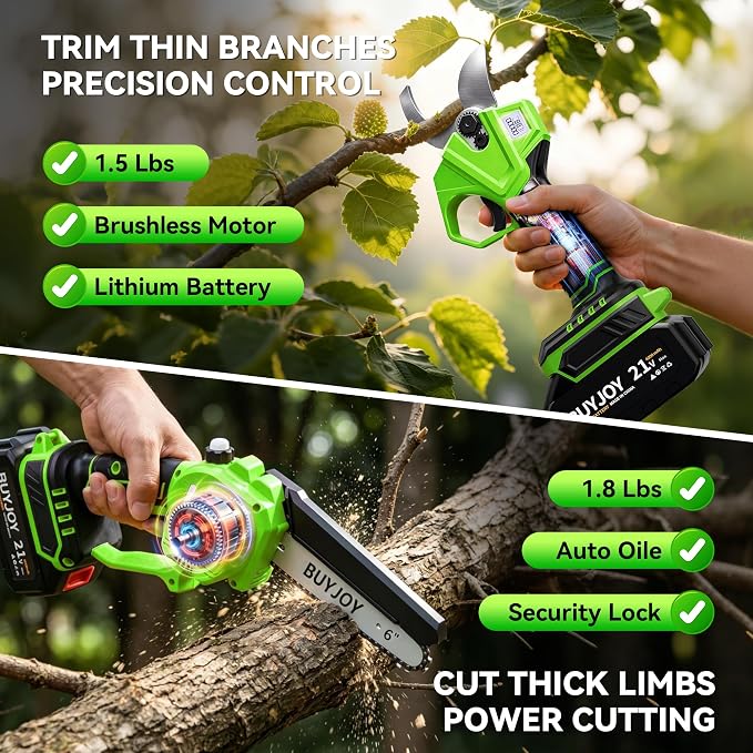 BUYJOY 2-in-1 Mini Chainsaw & Electric Pruning Shears, 1.8" Cutting Capacity, 8 Inch Cordless Chainsaw with 2 x 4.0Ah Batteries, Battery Powered Branch Cutter for Tree Trimming and Garden Pruning